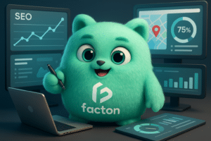 Personnage FACTY en 3D réalisant un diagnostic SEO devant un tableau de bord digital avec graphiques et données de référencement