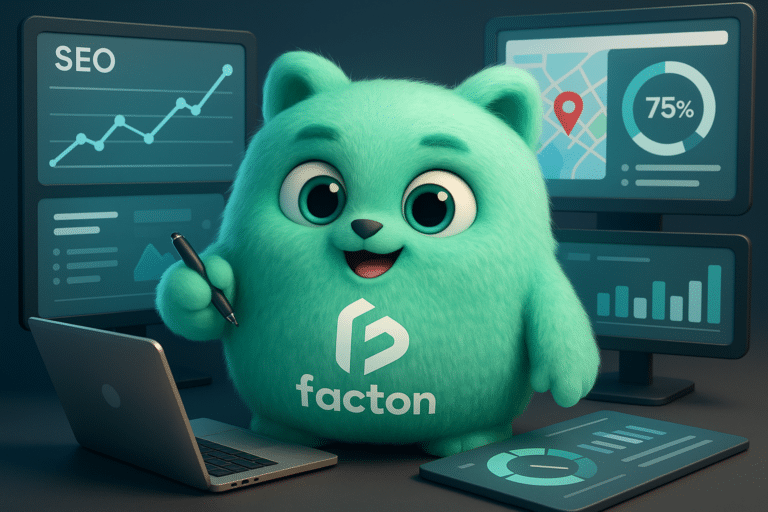 Personnage FACTY en 3D réalisant un diagnostic SEO devant un tableau de bord digital avec graphiques et données de référencement