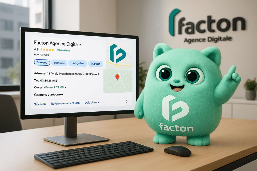 FACTY explique l’optimisation d’une fiche Google Business Profile à un client dans un bureau moderne de Vesoul