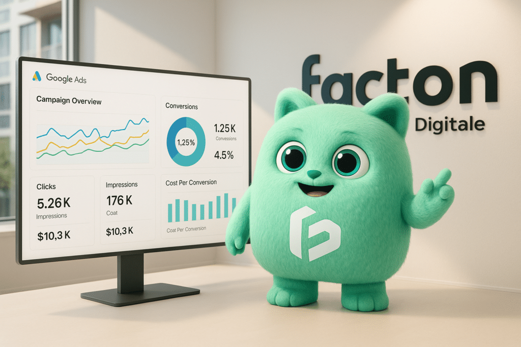 FACTY présente un tableau de bord de campagne Google Ads et suivi de conversion dans l’agence digitale FACTON à Vesoul