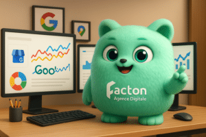FACTY en agence marketing digital analysant des campagnes SEO avec un logo FACTON visible sur son ventre, illustration 3D moderne