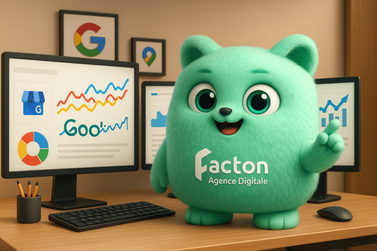FACTY en agence marketing digital analysant des campagnes SEO avec un logo FACTON visible sur son ventre, illustration 3D moderne