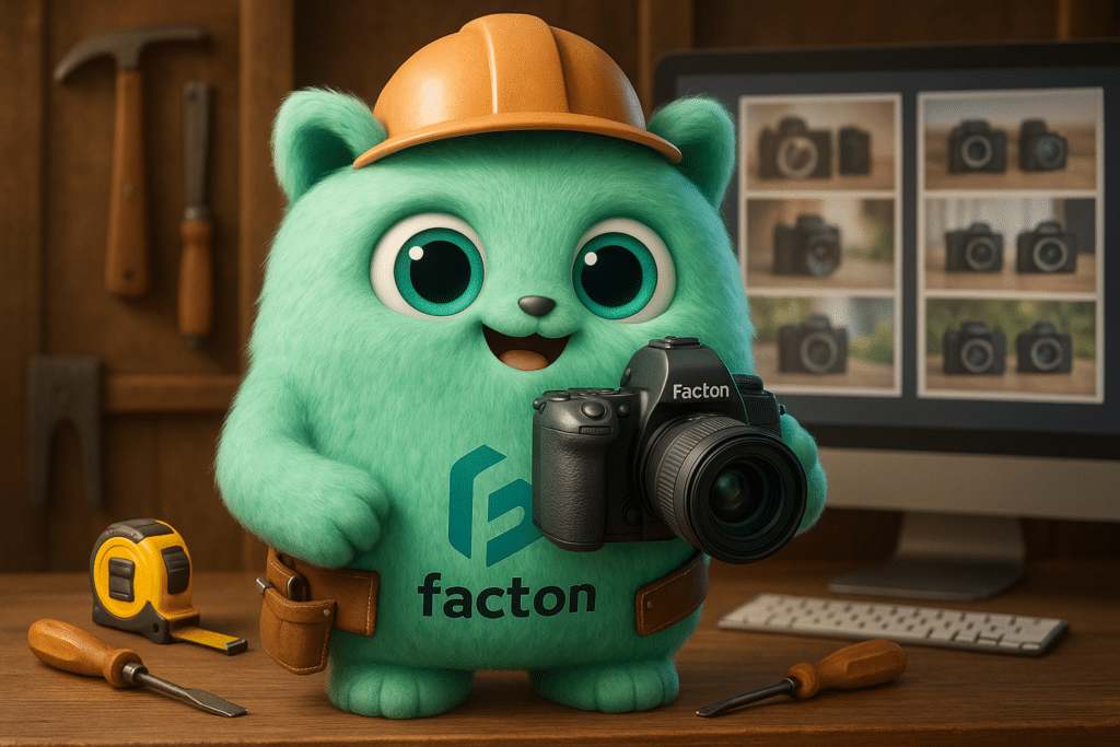 FACTY le personnage 3D tenant une caméra professionnelle face à un écran affichant des photos artisanales de mauvaise et bonne qualité, illustrant les erreurs à éviter pour la photo artisan