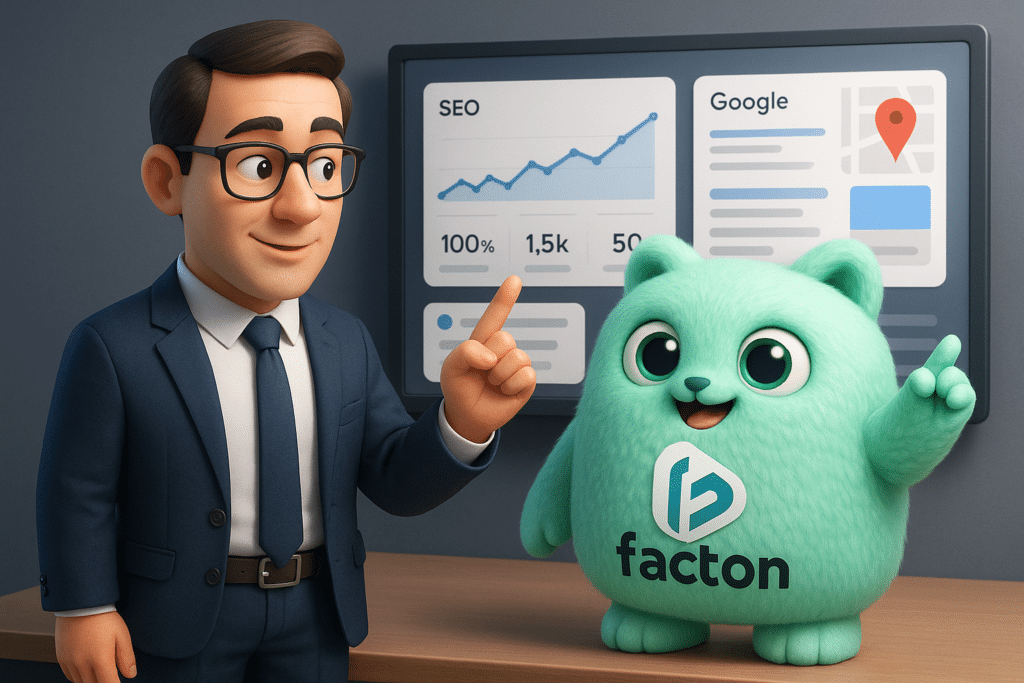 Personnage FACTY assistant un dirigeant local à Vesoul sur une stratégie de communication digitale avec tableau de bord SEO et Google Business Profile