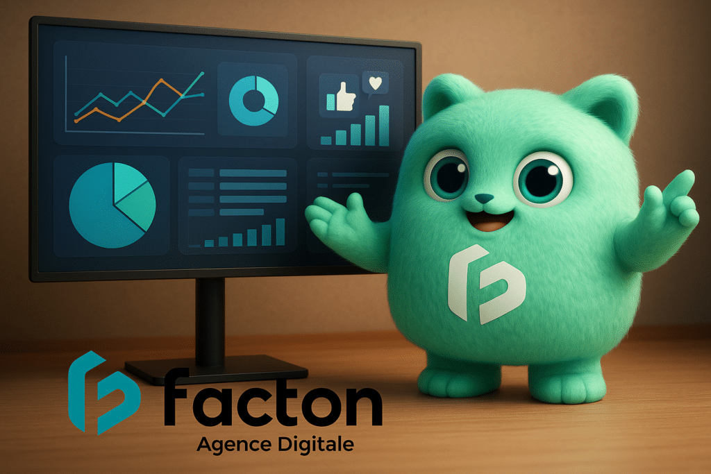 Personnage FACTY en 3D expliquant une stratégie de communication digitale sur un écran avec graphiques et tableaux dans un environnement digital moderne