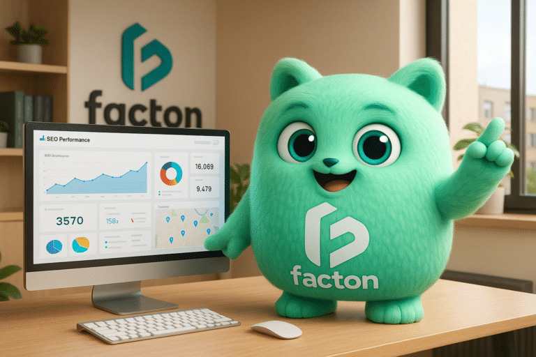 FACTY mascotte FACTON expliquant la création d'un site vitrine à Vesoul sur un écran avec graphiques SEO et cartes Google Maps