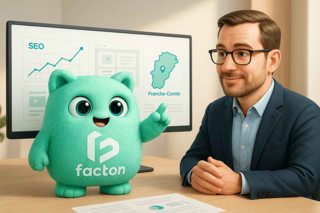 Le personnage FACTY explique le choix d'une agence web en Franche-Comté sur fond d'écran avec graphiques SEO et carte locale