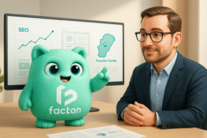 Le personnage FACTY explique le choix d'une agence web en Franche-Comté sur fond d'écran avec graphiques SEO et carte locale