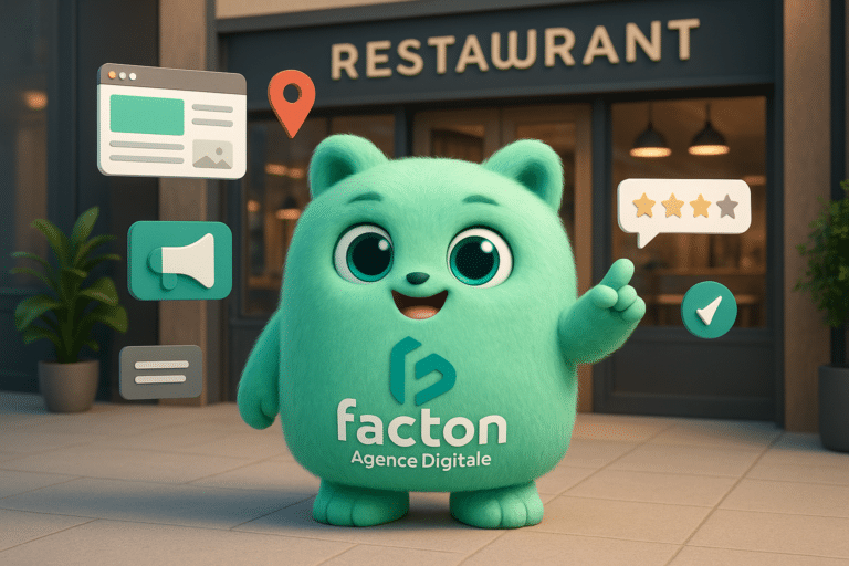 Personnage 3D FACTY devant un restaurant avec des icônes digitales symbolisant la communication et le SEO local