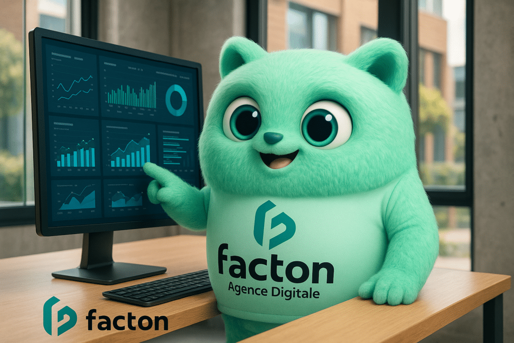 FACTY personnage 3D FACTON analysant des données digitales dans un bureau moderne à Rioz