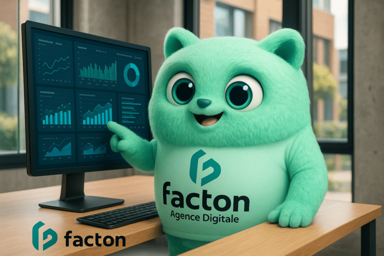 FACTY personnage 3D FACTON analysant des données digitales dans un bureau moderne à Rioz