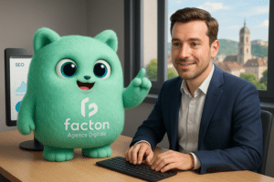 Le personnage FACTY accompagne un dirigeant devant un ordinateur affichant des données SEO à Besançon