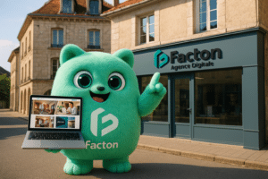 Personnage 3D FACTY devant un bâtiment à Champagnole avec un ordinateur affichant la création de sites internet professionnels