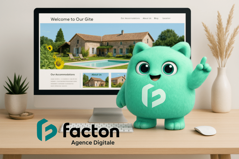 FACTY devant un site internet professionnel de gîte affiché sur un ordinateur, logo FACTON au centre du personnage