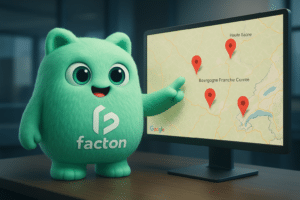 Personnage FACTY de l'agence FACTON devant un écran affichant une carte Google Maps avec des épingles de localisation d’entreprises locales