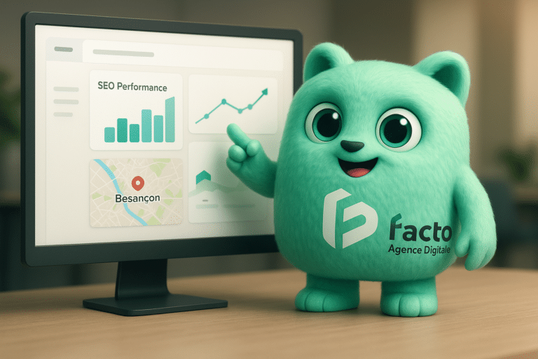 FACTY consultant digital devant un écran avec tableau de bord SEO et carte Google Maps de Besançon, illustrant une stratégie digitale locale