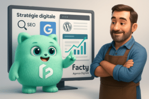 Mascotte FACTY explique à un artisan local une stratégie digitale sur un écran avec des graphiques SEO et Google Business Profile, symbolisant l’accompagnement d’une agence web pour artisan