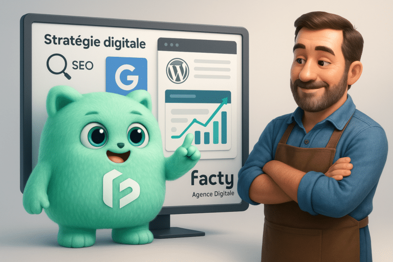 Mascotte FACTY explique à un artisan local une stratégie digitale sur un écran avec des graphiques SEO et Google Business Profile, symbolisant l’accompagnement d’une agence web pour artisan