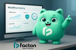 FACTY mascotte devant un écran de gestion d'hébergement WordPress, illustrant la performance et la sécurité pour entreprises locales