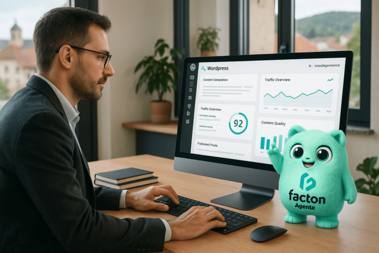 Dirigeant local à Valdahon utilisant l'automatisation WordPress avec intelligence artificielle, accompagné du personnage FACTY de FACTON