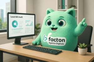 Personnage 3D FACTY réalisant un diagnostic SEO local sur ordinateur dans un bureau moderne