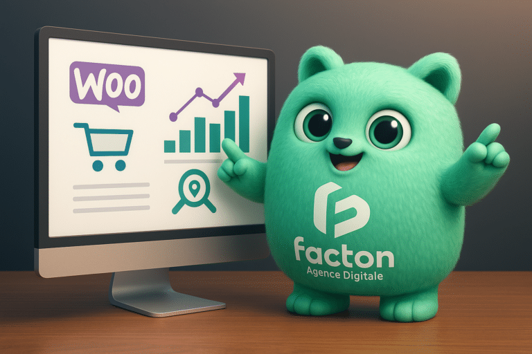 FACTY mascotte FACTON analysant une interface WooCommerce dans un contexte de stratégie digitale agence web à Vesoul et Bourgogne-Franche-Comté