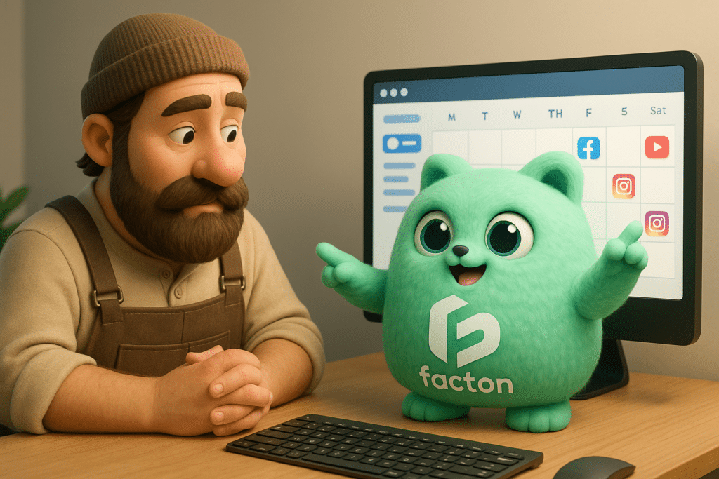Mascotte FACTY accompagne un artisan pour planifier un calendrier éditorial réseaux sociaux