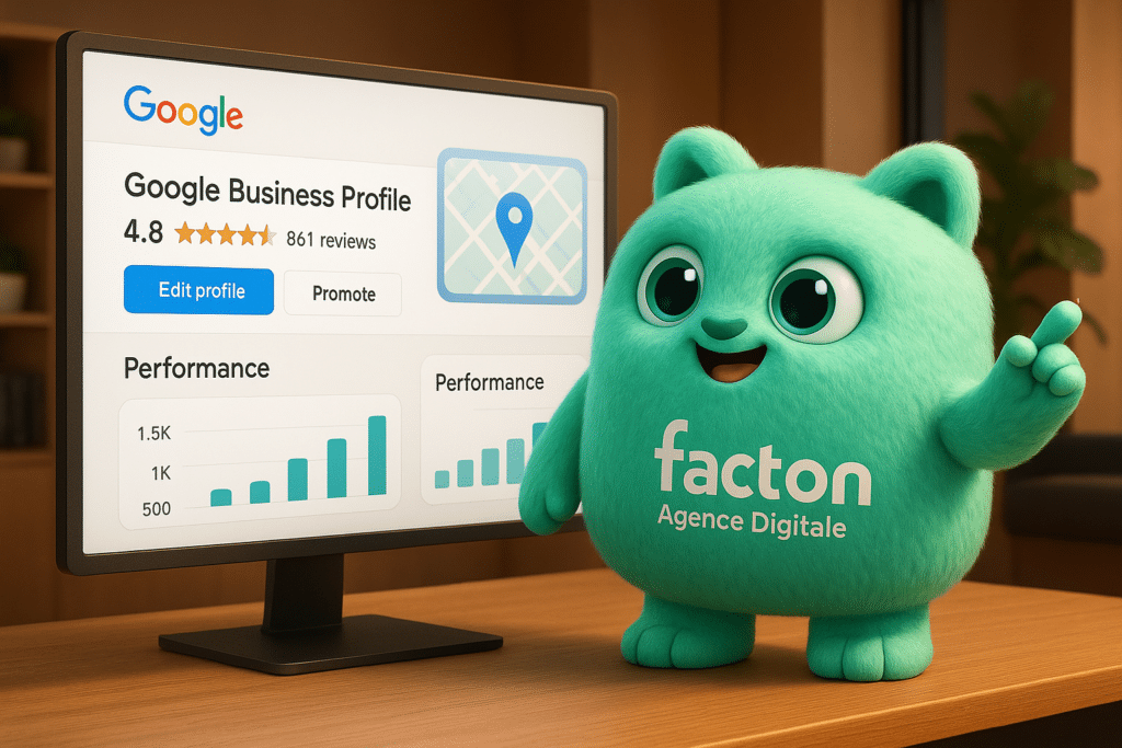 Mascotte FACTY analyse des statistiques de visibilité locale via Google Business Profile