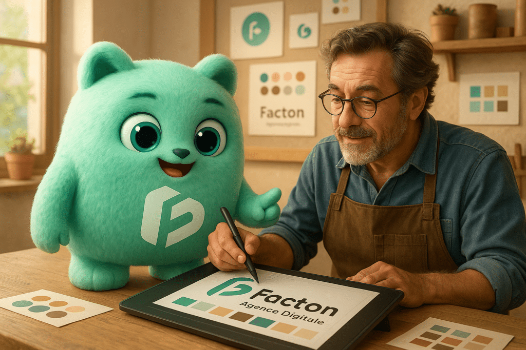FACTY expliquant un projet de création de logo à un artisan local sur tablette graphique