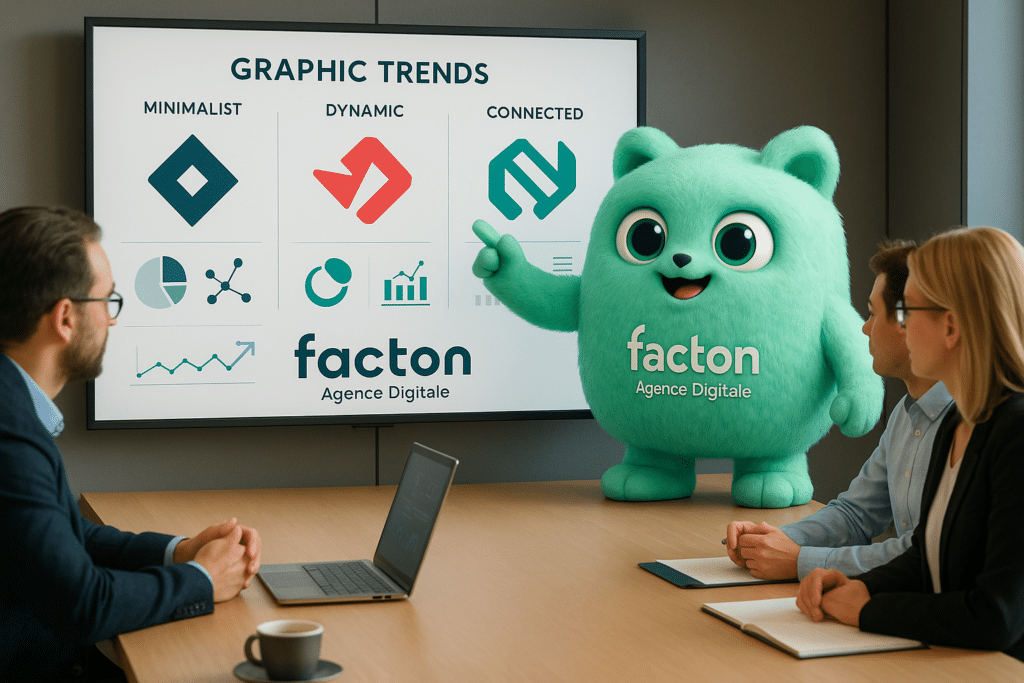 FACTY présentant les tendances de création logo à une équipe de PME dans une salle de réunion
