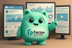 Mascotte FACTY en illustration 3D devant des écrans de gestion des réseaux sociaux avec graphiques et contenus digitaux