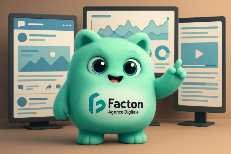 Mascotte FACTY en illustration 3D devant des écrans de gestion des réseaux sociaux avec graphiques et contenus digitaux