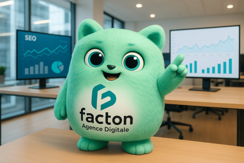 Personnage 3D FACTY dans un bureau avec graphes SEO, logo FACTON visible