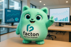 Personnage 3D FACTY dans un bureau avec graphes SEO, logo FACTON visible