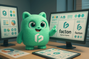 FACTY consultant en création logo 2026 devant plusieurs écrans avec logos et palettes de couleurs dans un bureau moderne