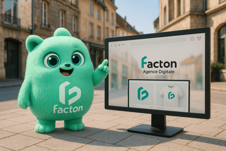 FACTY devant une boutique en ligne numérique dans un décor urbain de Salins-les-Bains