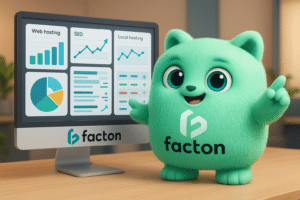 Personnage 3D FACTY analysant un comparatif d’hébergement site internet sur un écran dans un bureau moderne