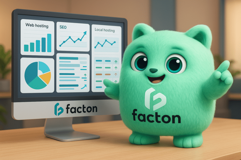 Personnage 3D FACTY analysant un comparatif d’hébergement site internet sur un écran dans un bureau moderne