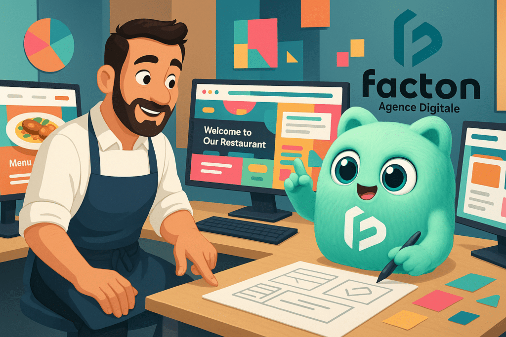 FACTY et un restaurateur à Dole devant des maquettes de site internet pour restaurant