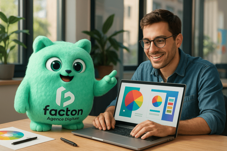 Personnage 3D FACTY collaborant avec un graphiste à Belfort sur un projet graphique numérique