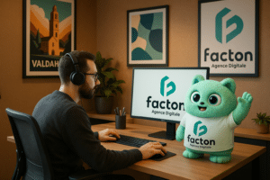 Graphiste au travail dans un bureau moderne à Valdahon avec FACTY et logo FACTON