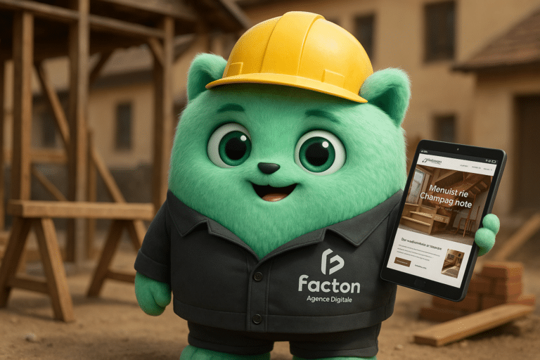 FACTY en tenue d'artisan avec tablette montrant un site internet artisanal à Champagnole