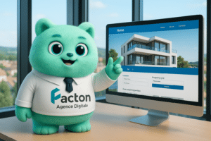 FACTY devant un ordinateur avec un site immobilier à Rioz à l’écran