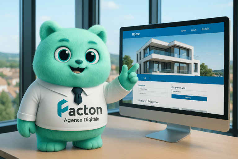 FACTY devant un ordinateur avec un site immobilier à Rioz à l’écran